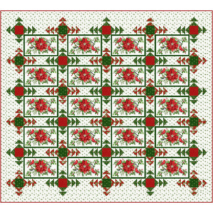 King sized quilt with Christmas colored fabric and poinsettias and fun radiating squares.