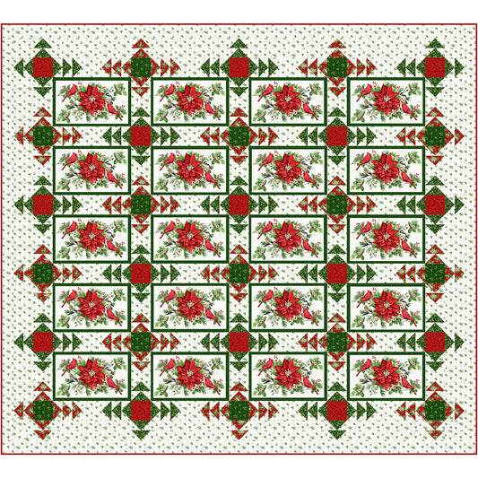 King sized quilt with Christmas colored fabric and poinsettias and fun radiating squares.