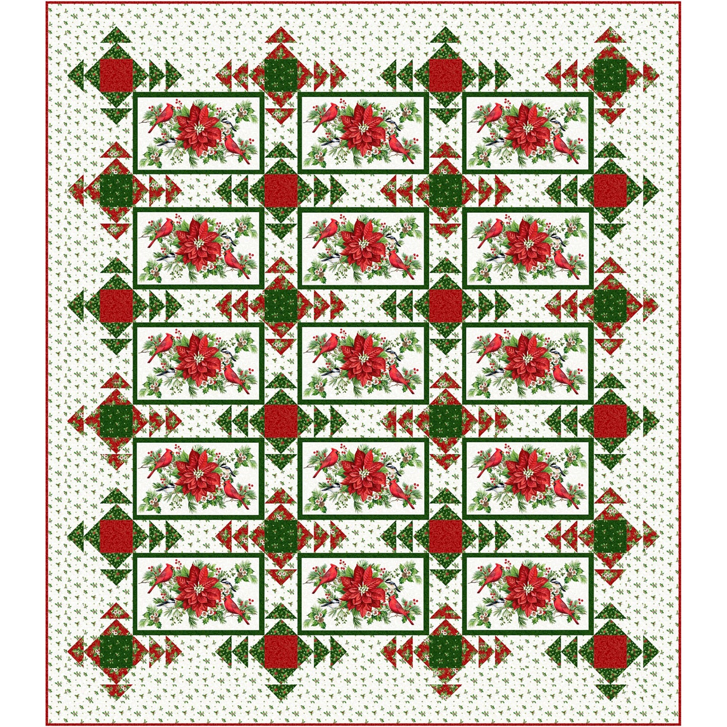 Queen sized quilt with Christmas colored fabric and poinsettias and fun radiating squares.
