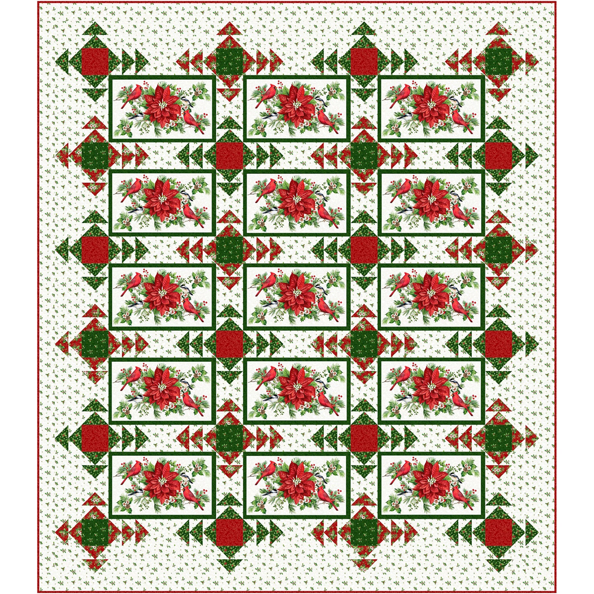 Queen sized quilt with Christmas colored fabric and poinsettias and fun radiating squares.