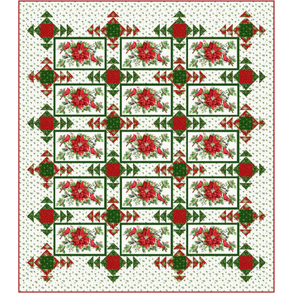 Queen sized quilt with Christmas colored fabric and poinsettias and fun radiating squares.