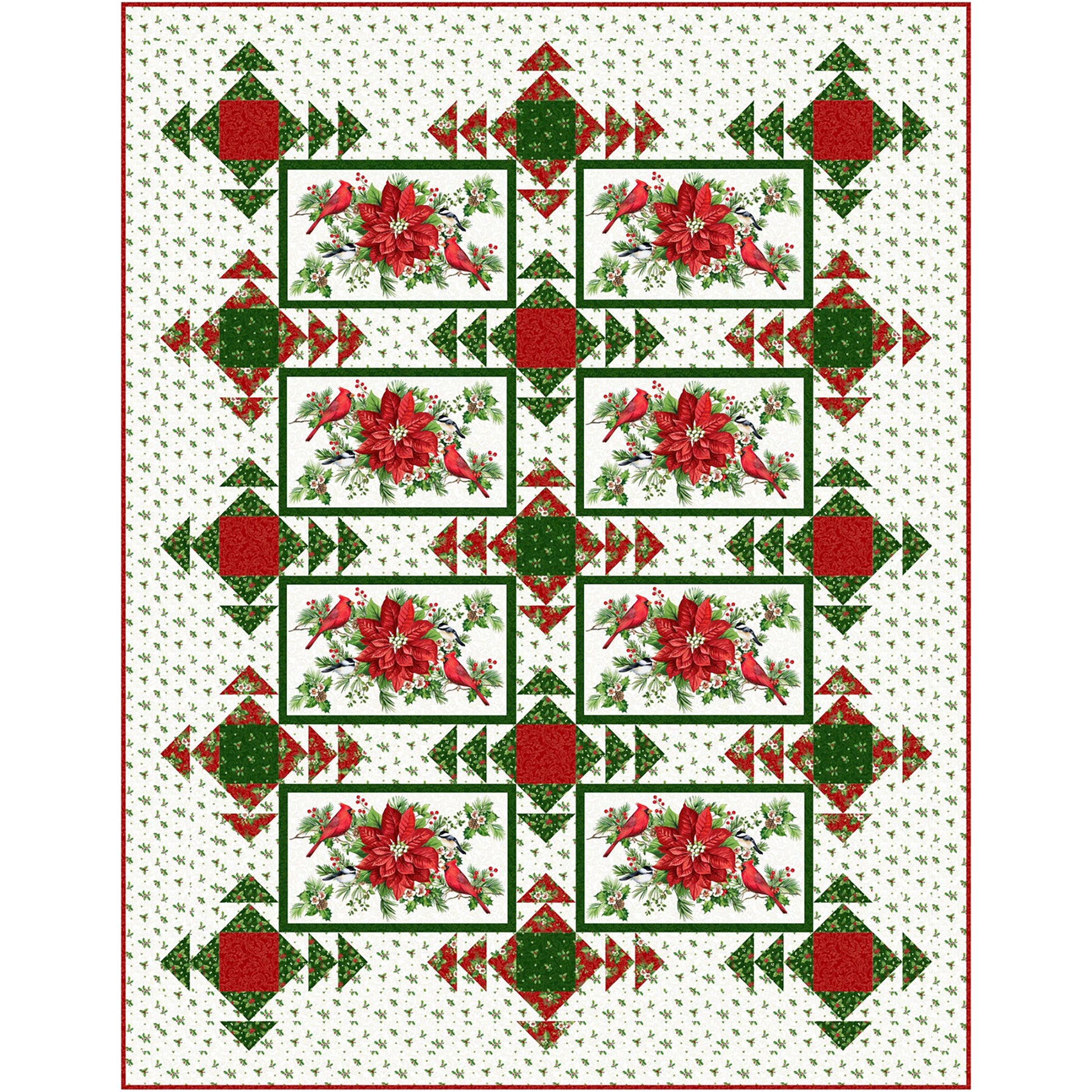 Twin-sized quilt with Christmas colored fabric and poinsettias and fun radiating squares.