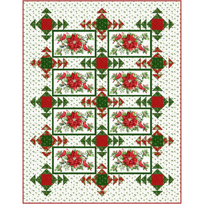 Twin-sized quilt with Christmas colored fabric and poinsettias and fun radiating squares.
