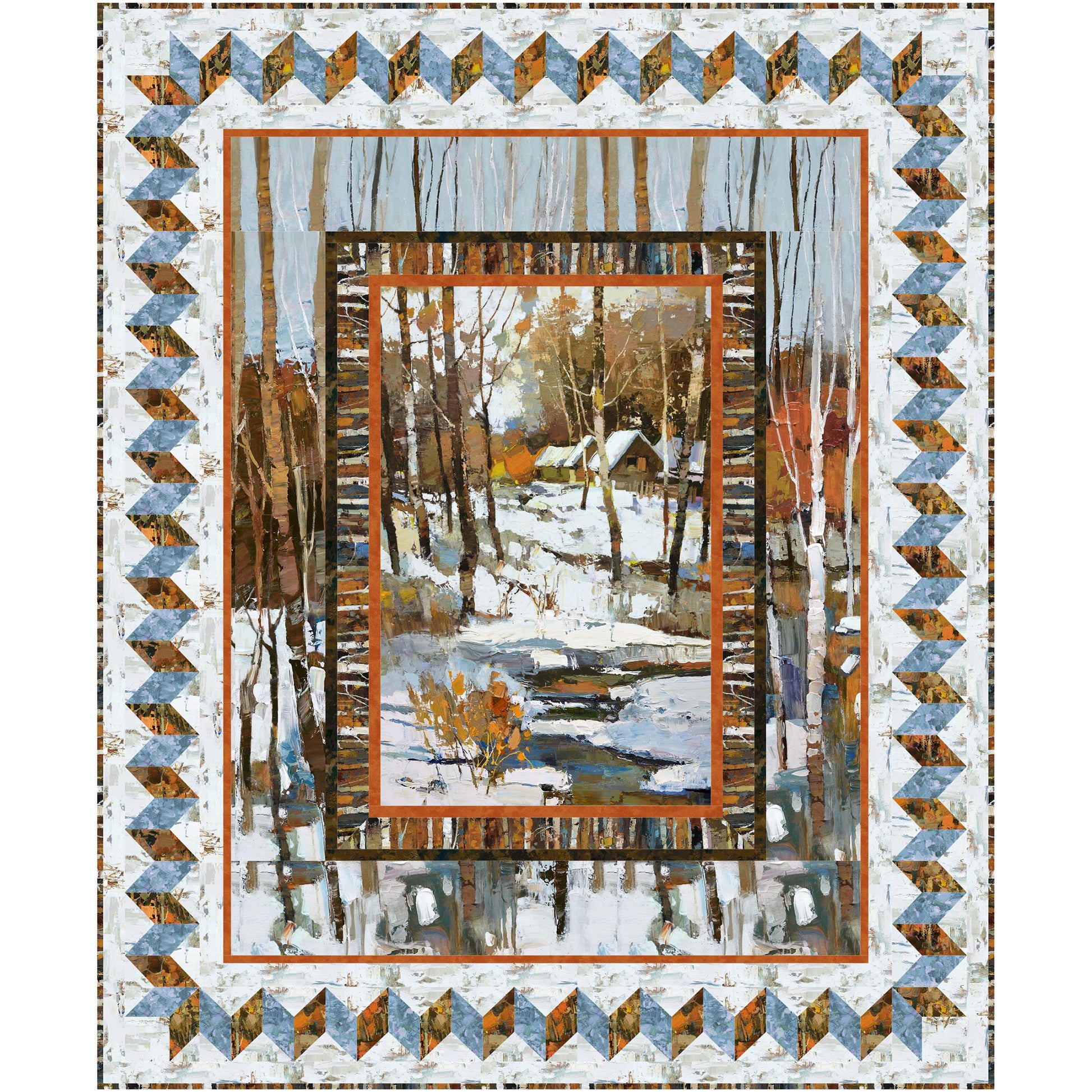 Fun winter quilt with a picture of a snowy woods with a stream and cabin. Borders include more trees and a zig-zag pattern.