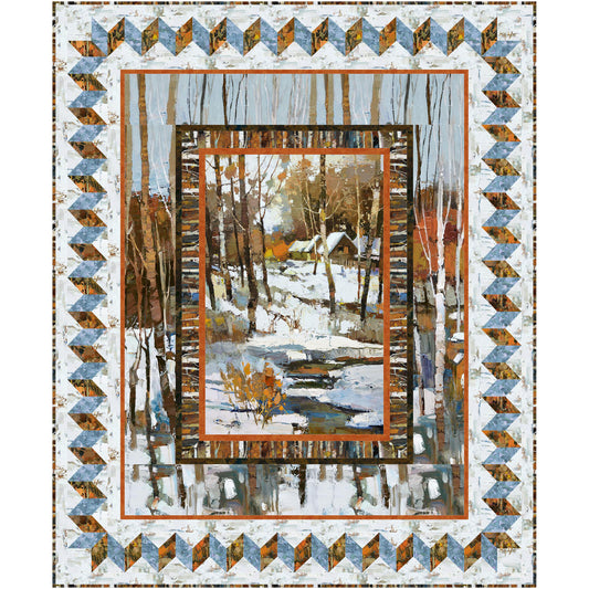 Fun winter quilt with a picture of a snowy woods with a stream and cabin. Borders include more trees and a zig-zag pattern.