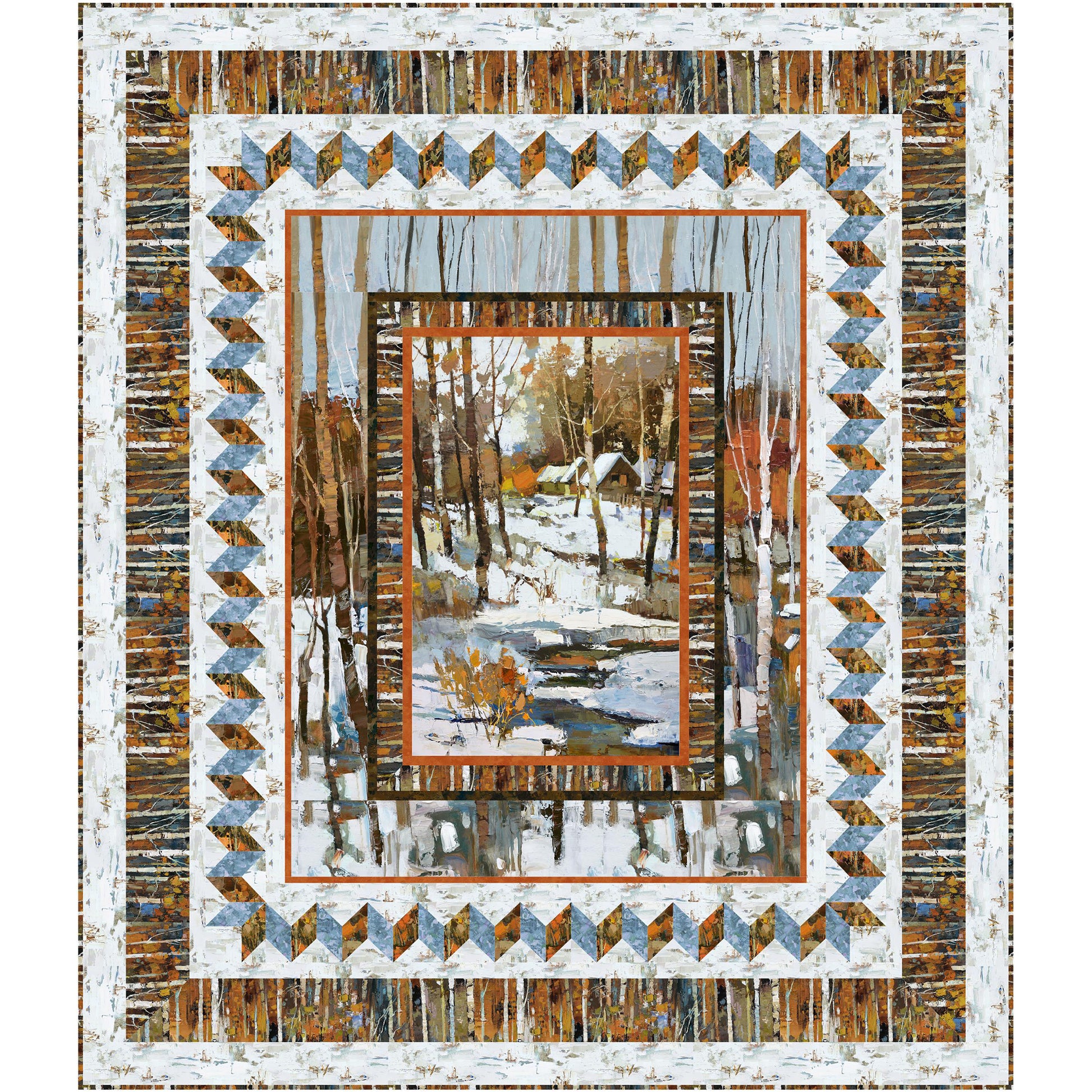 Fun winter quilt with a picture of a snowy woods with a stream and cabin. Borders include more trees, a zig-zag pattern, and a couple other more plain borders.