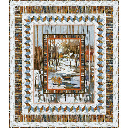 Fun winter quilt with a picture of a snowy woods with a stream and cabin. Borders include more trees, a zig-zag pattern, and a couple other more plain borders.