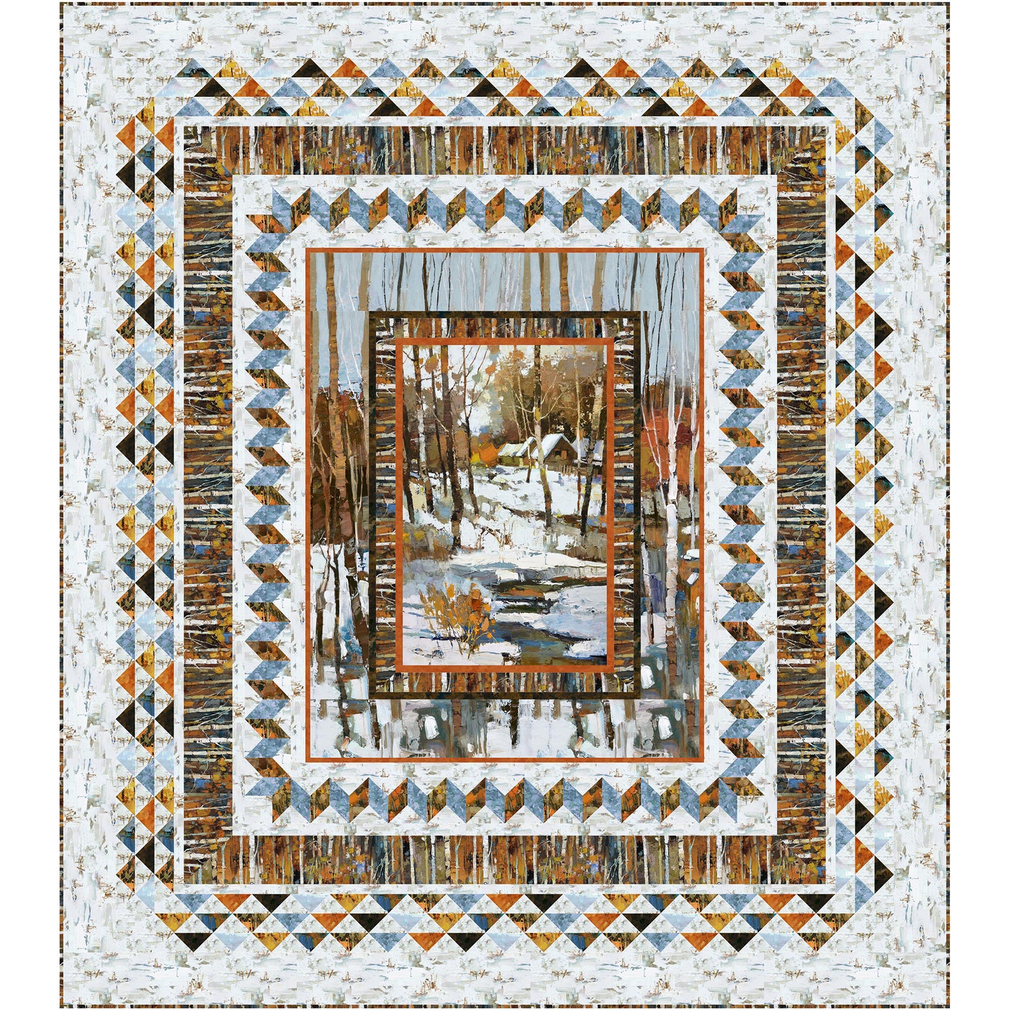 Fun winter quilt with a picture of a snowy woods with a stream and cabin. Borders include more trees, a zig-zag pattern, tree-like fabric border and colorful triangles border.