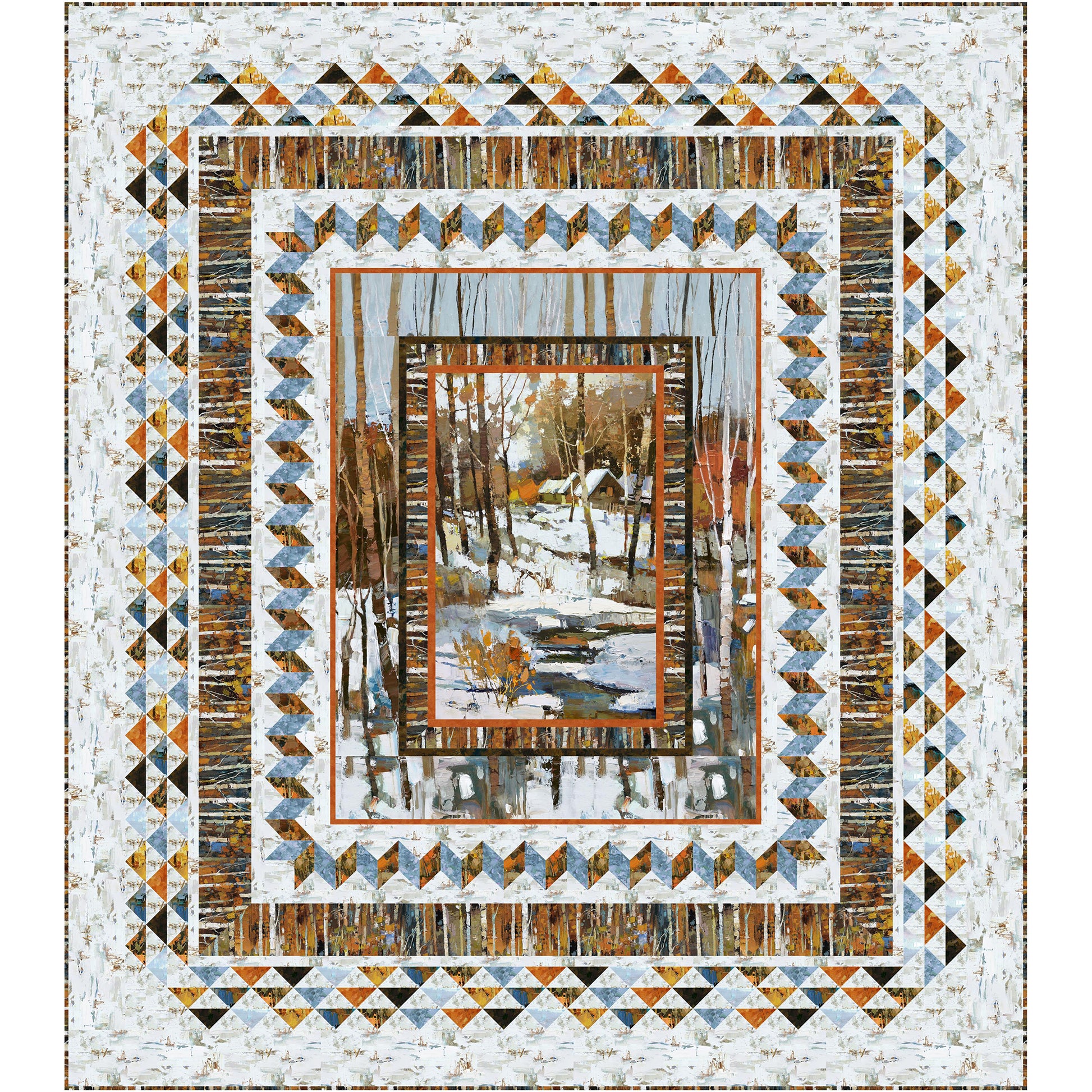 Fun winter quilt with a picture of a snowy woods with a stream and cabin. Borders include more trees, a zig-zag pattern, tree-like fabric border and colorful triangles border.