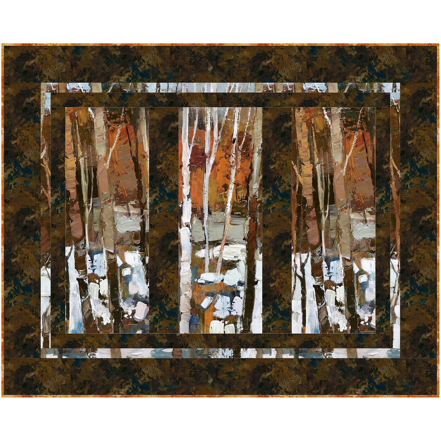 Bonus quilt features three panels of winter trees with snow and dark border - almost looks like looking through a three-paned window.