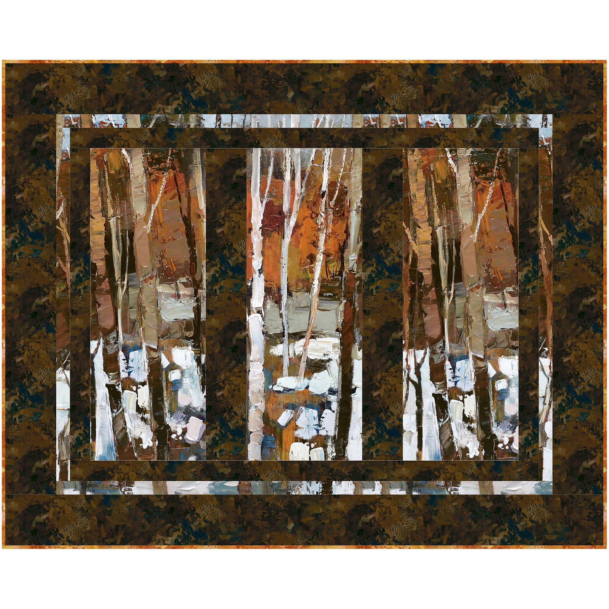 Bonus quilt features three panels of winter trees with snow and dark border - almost looks like looking through a three-paned window.
