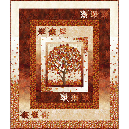 Fall, fun quilt features a panel with a tree full of bright red and orange leaves and has borders including large colorful maple leaves.