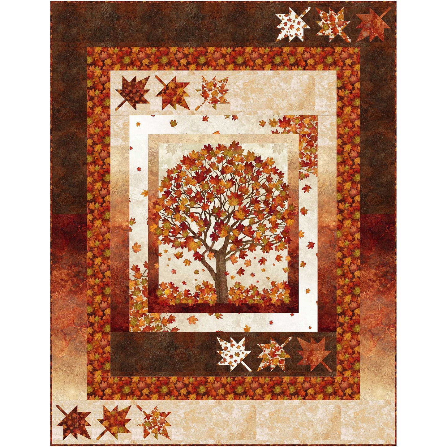 Fall, fun quilt features a panel with a tree full of bright red and orange leaves and has borders including more colorful maple leaves.