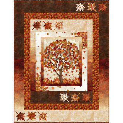 Fall, fun quilt features a panel with a tree full of bright red and orange leaves and has borders including more colorful maple leaves.