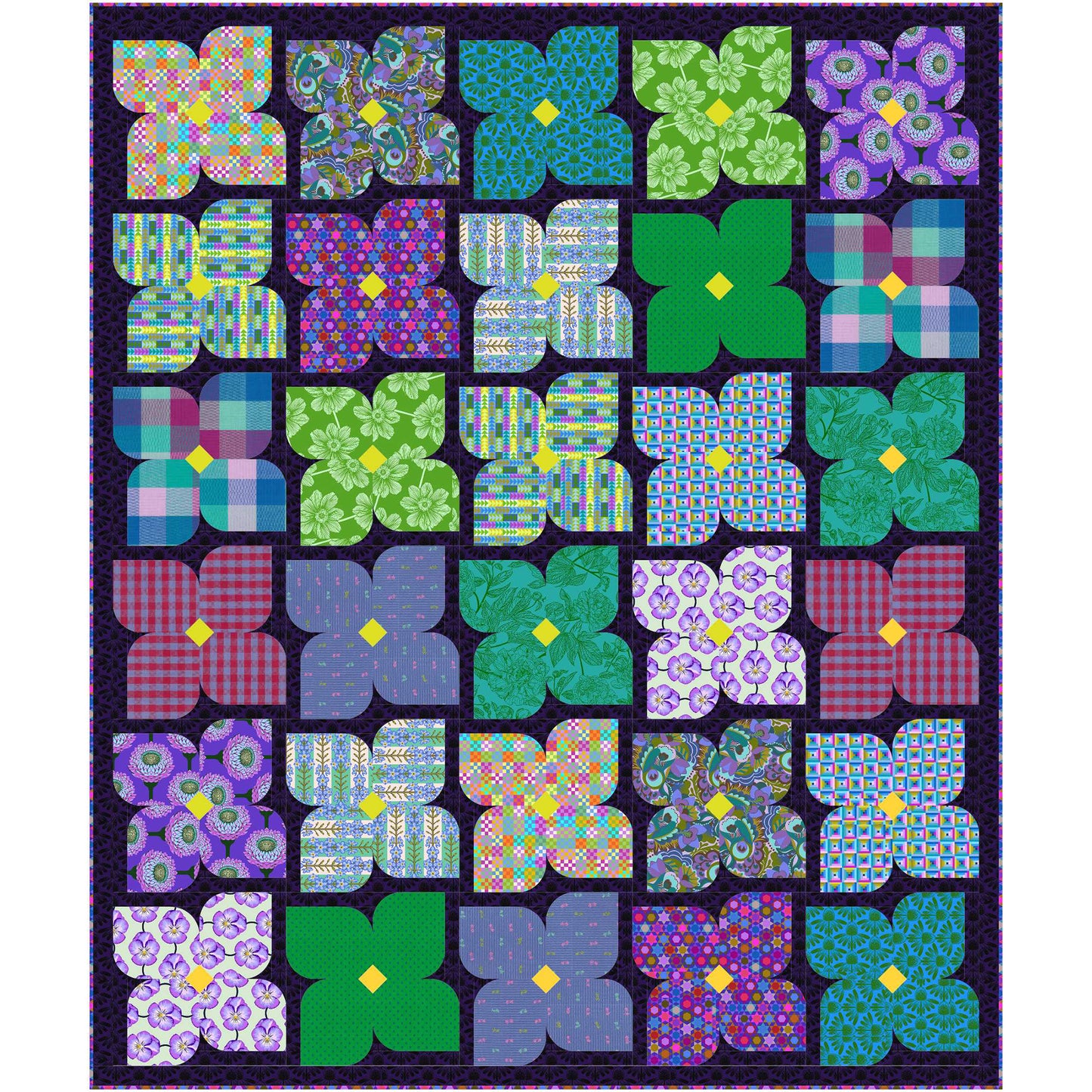 Pretty quilt features flowers of bright colored fabric.