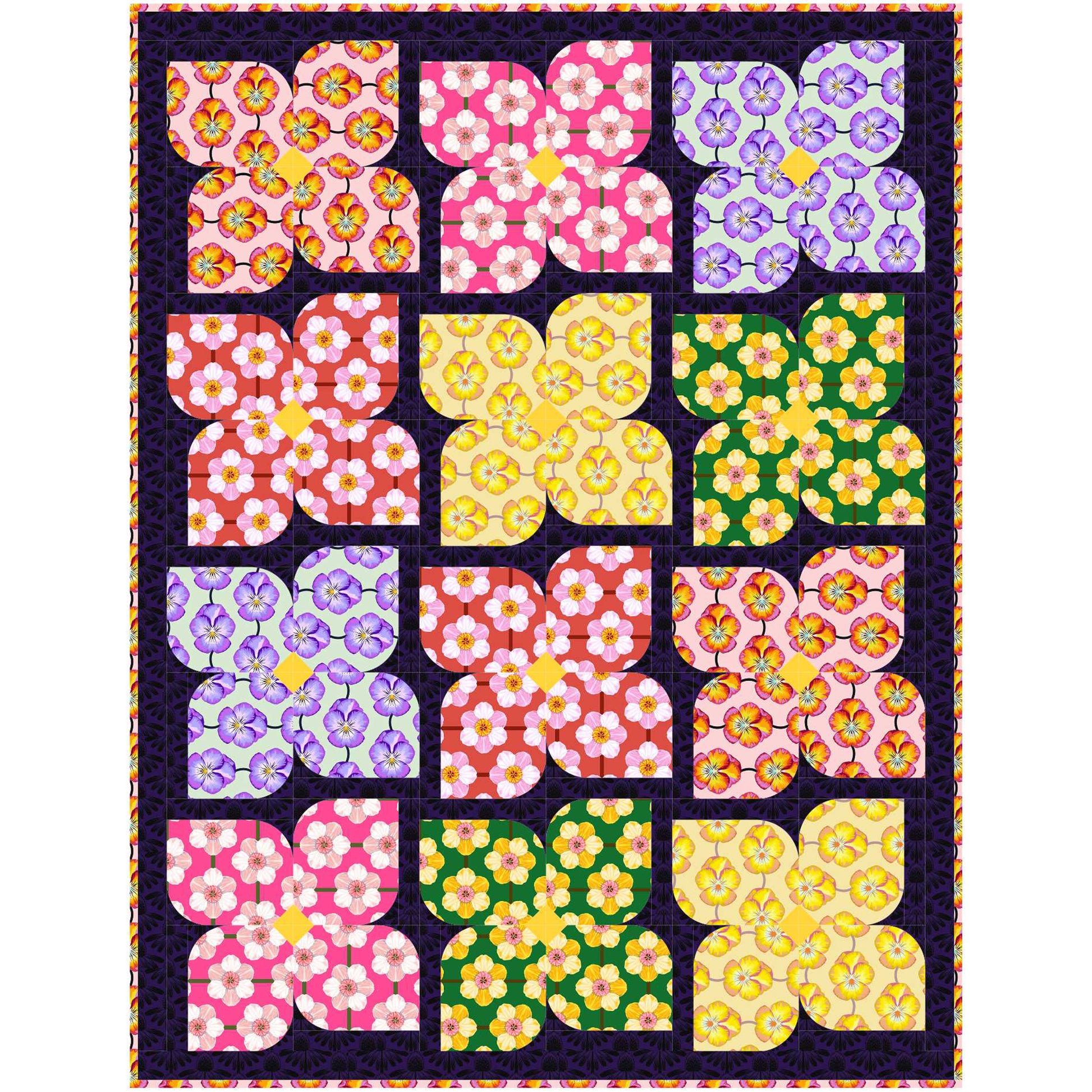 Pretty quilt features flowers of bright colored fabric.
