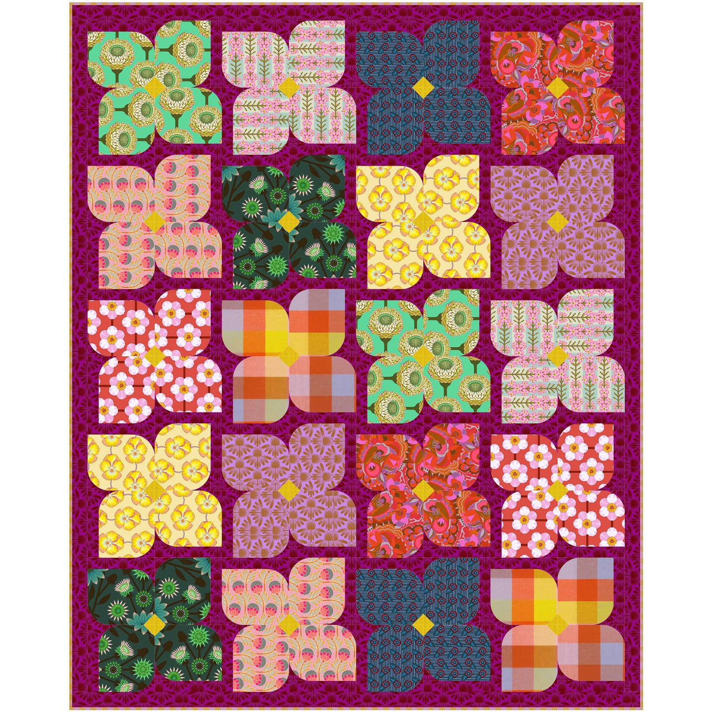 Pretty quilt features flowers of bright colored fabric.