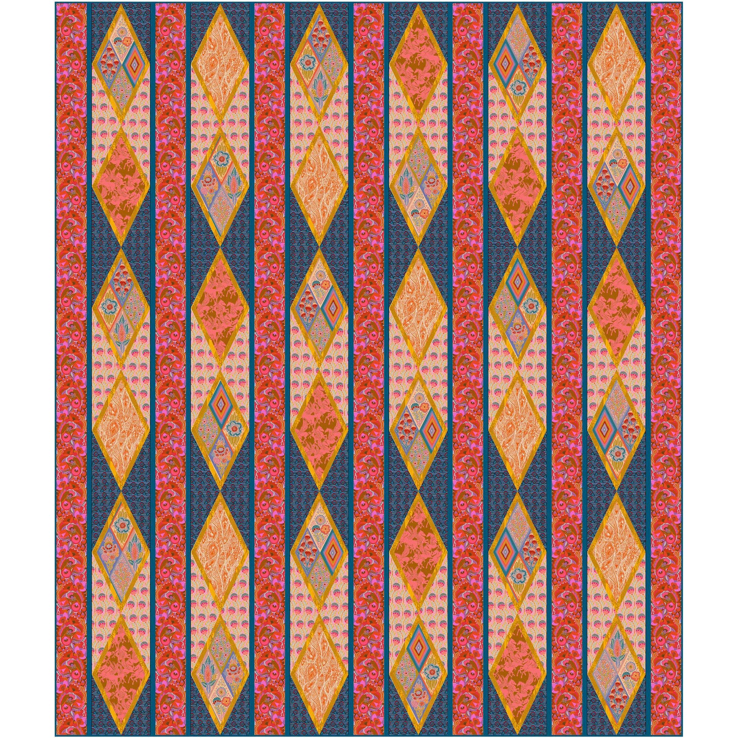 Quilt features rows of long diamond blocks with diamonds inside them, too.