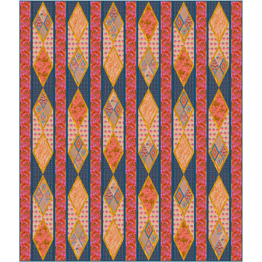 Quilt features rows of long diamond blocks with diamonds inside them, too.