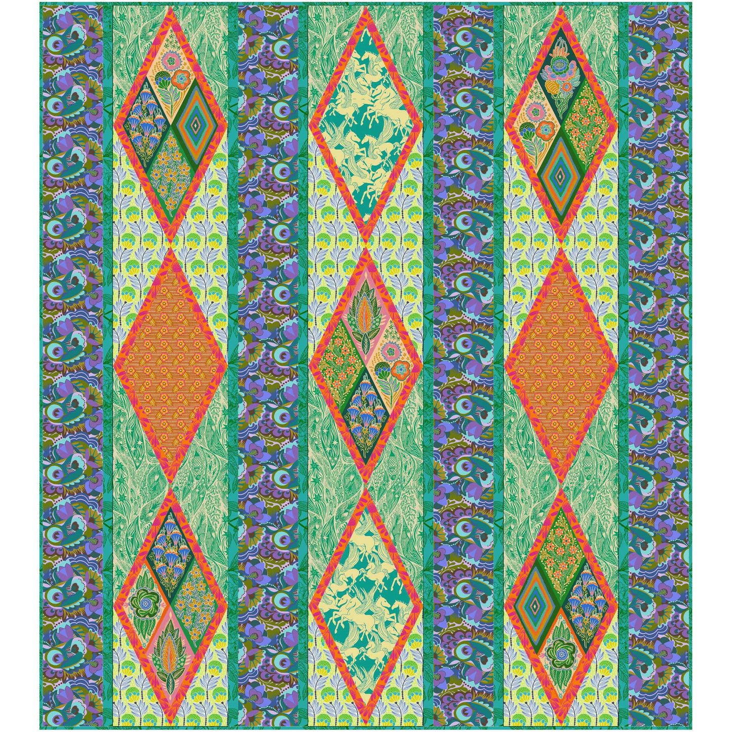 Quilt features rows of diamond blocks with a few with four additional diamonds inside the diamond.