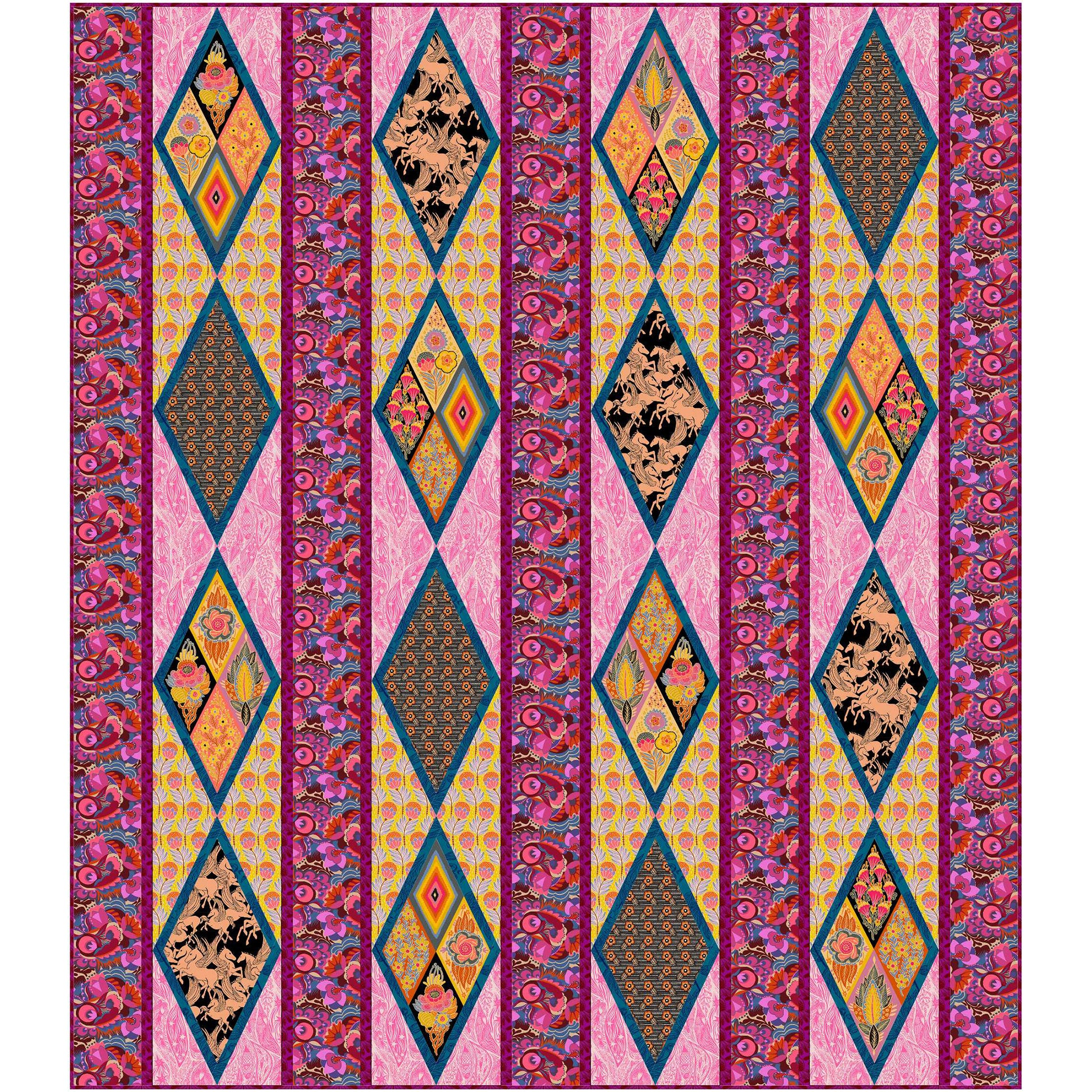 Quilt features rows of diamond blocks with a few with four additional diamonds inside the diamond.