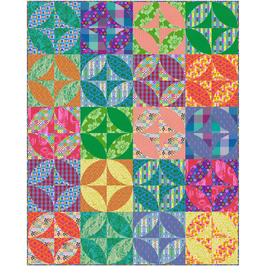 Fun quilt features colorful blocks of fabric with a circle and hour glass design for each.