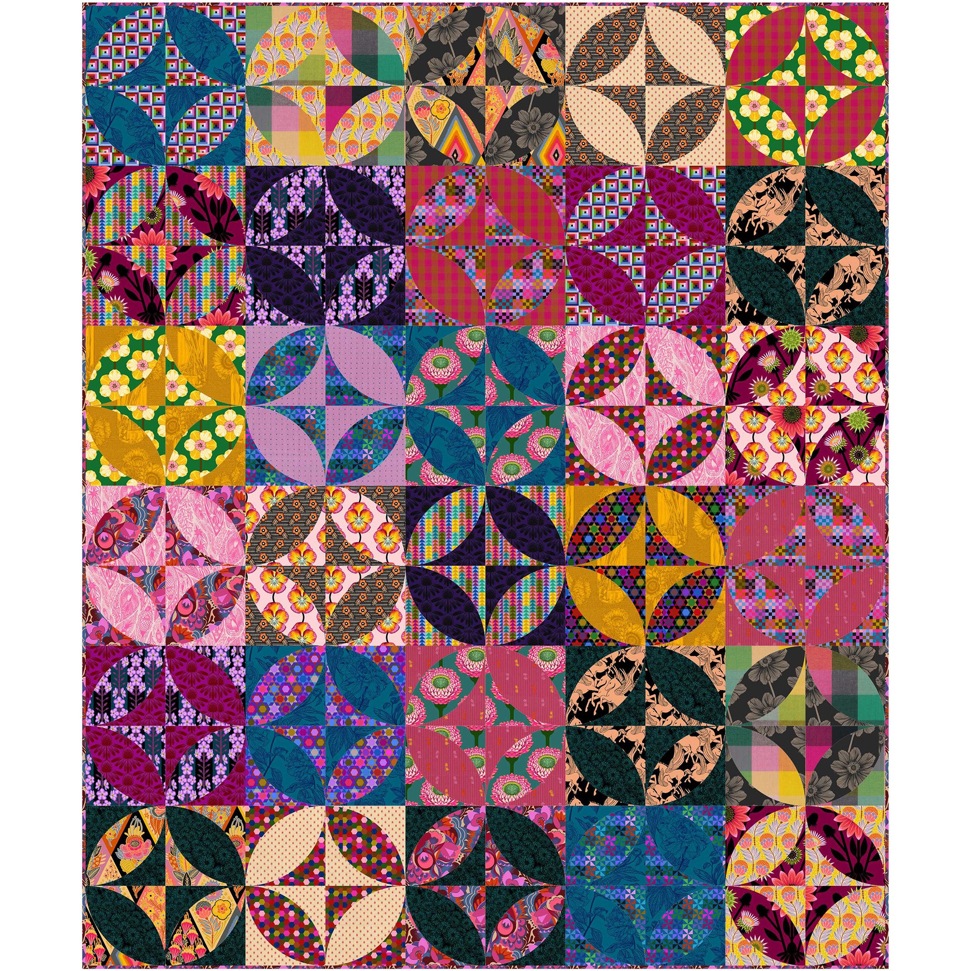 Fun quilt features colorful blocks of fabric with a circle and hour glass design for each.