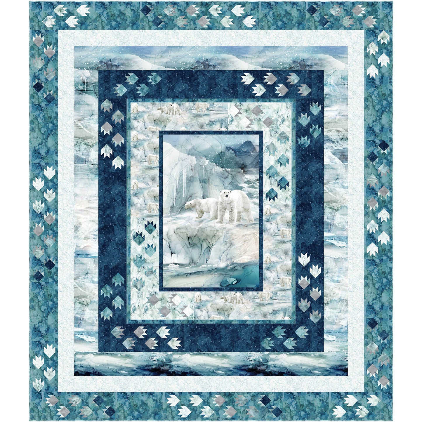 Queen-sized quilt features a pair of polar bears on a winter tundra with multiple borders including paw prints and matching fabrics.