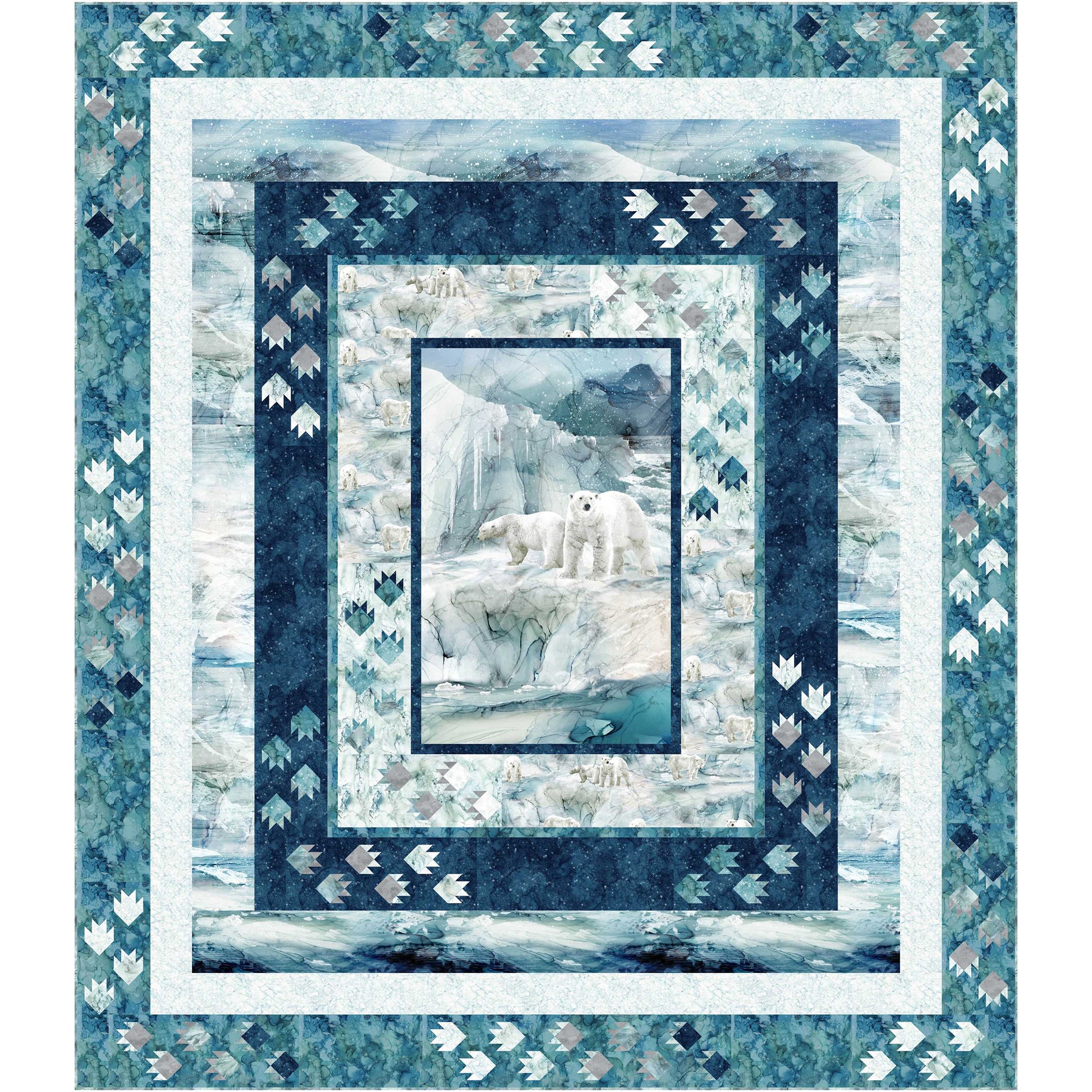 Queen-sized quilt features a pair of polar bears on a winter tundra with multiple borders including paw prints and matching fabrics.