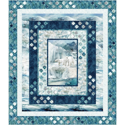 Queen-sized quilt features a pair of polar bears on a winter tundra with multiple borders including paw prints and matching fabrics.