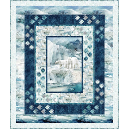Twin-sized quilt features a pair of polar bears on a winter tundra with multiple borders including paw prints and matching fabrics.