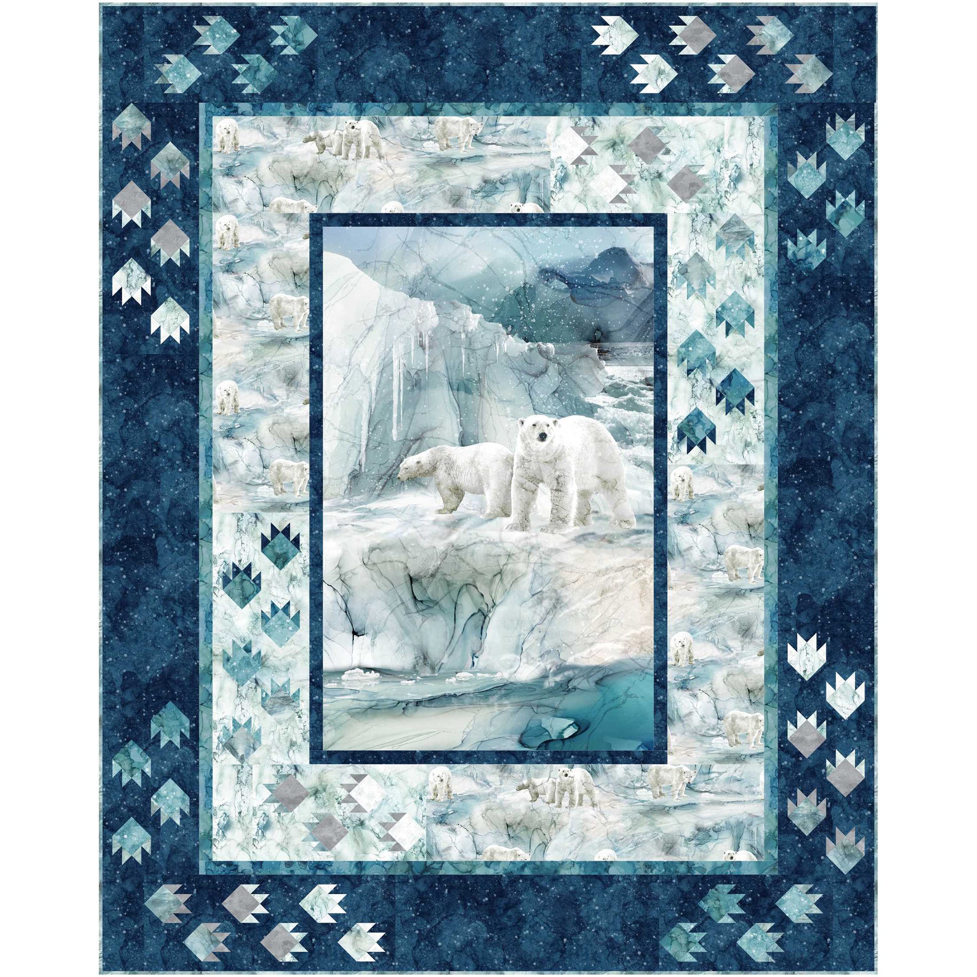 Lap or throw-sized quilt features a pair of polar bears on a winter tundra with multiple borders including paw prints and matching fabrics.