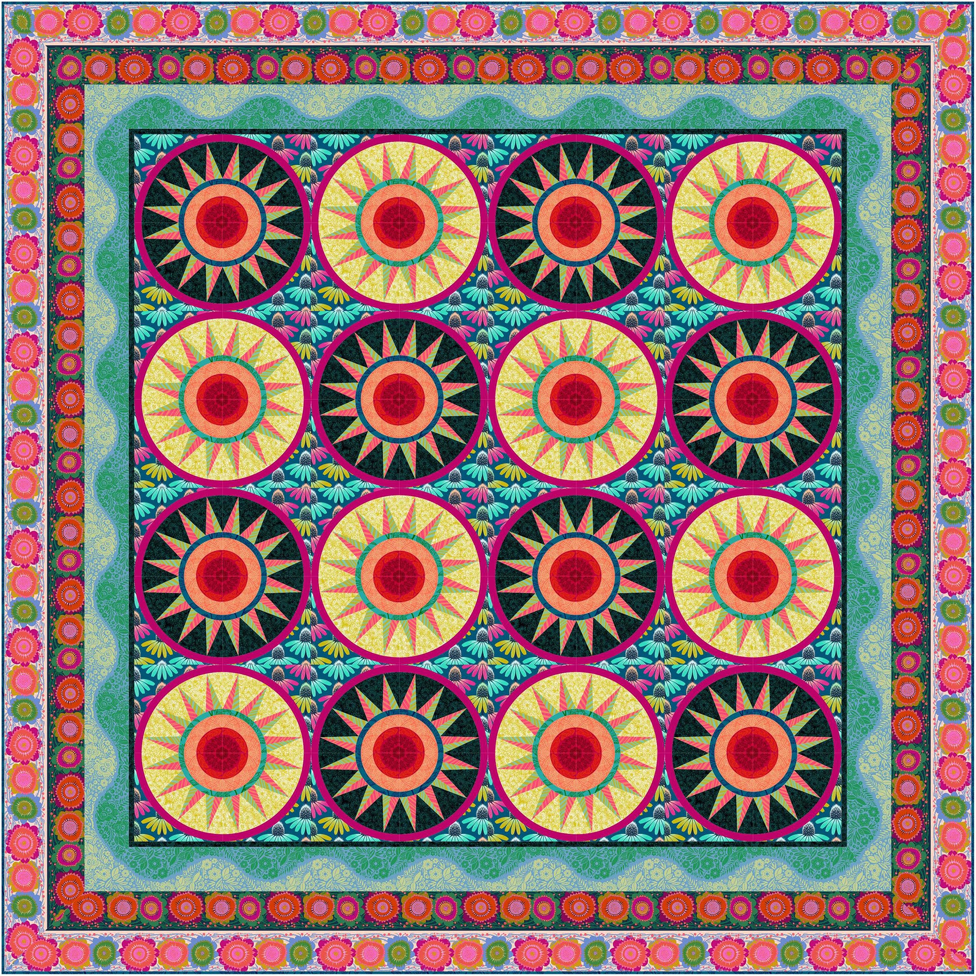 Circular medallion design quilt with bright colored stars or suns.