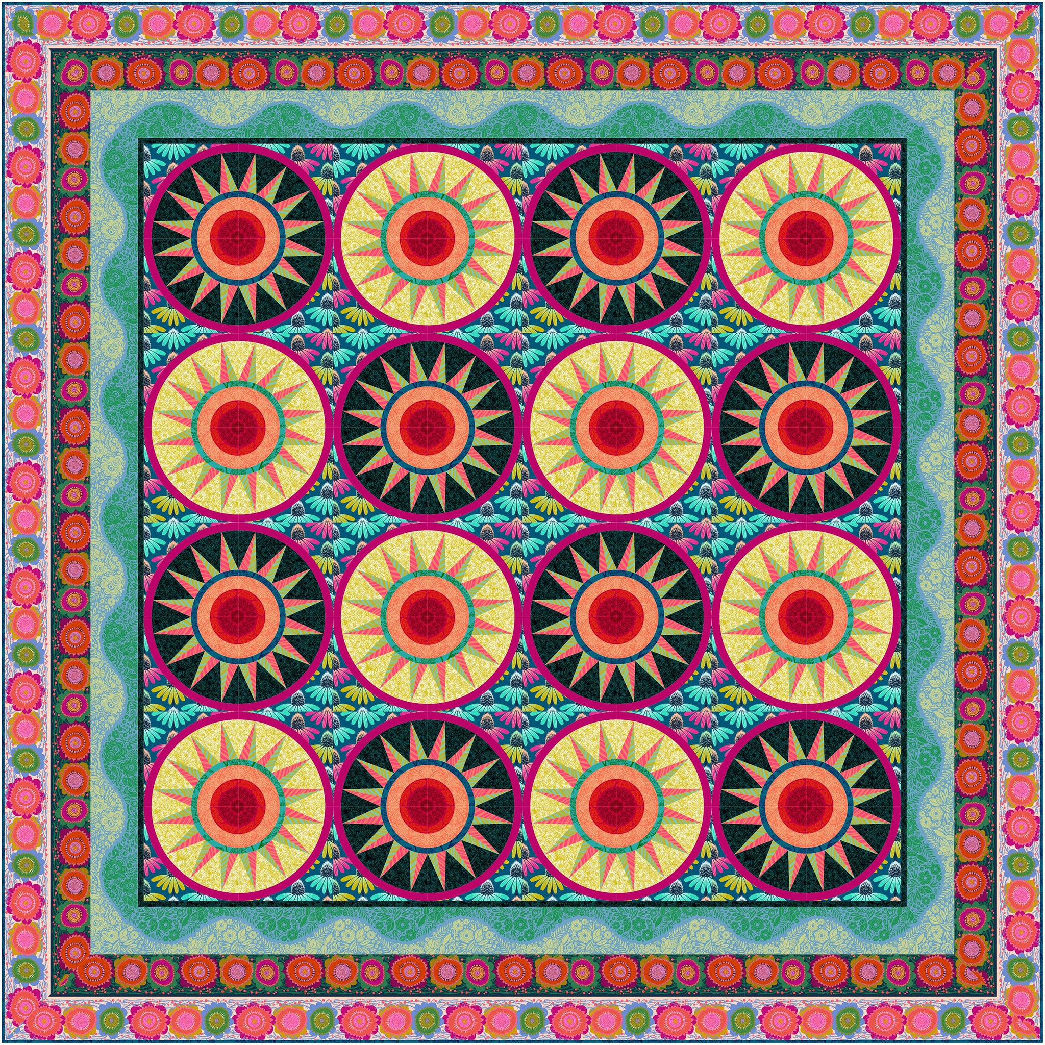 Circular medallion design quilt with bright colored stars or suns.