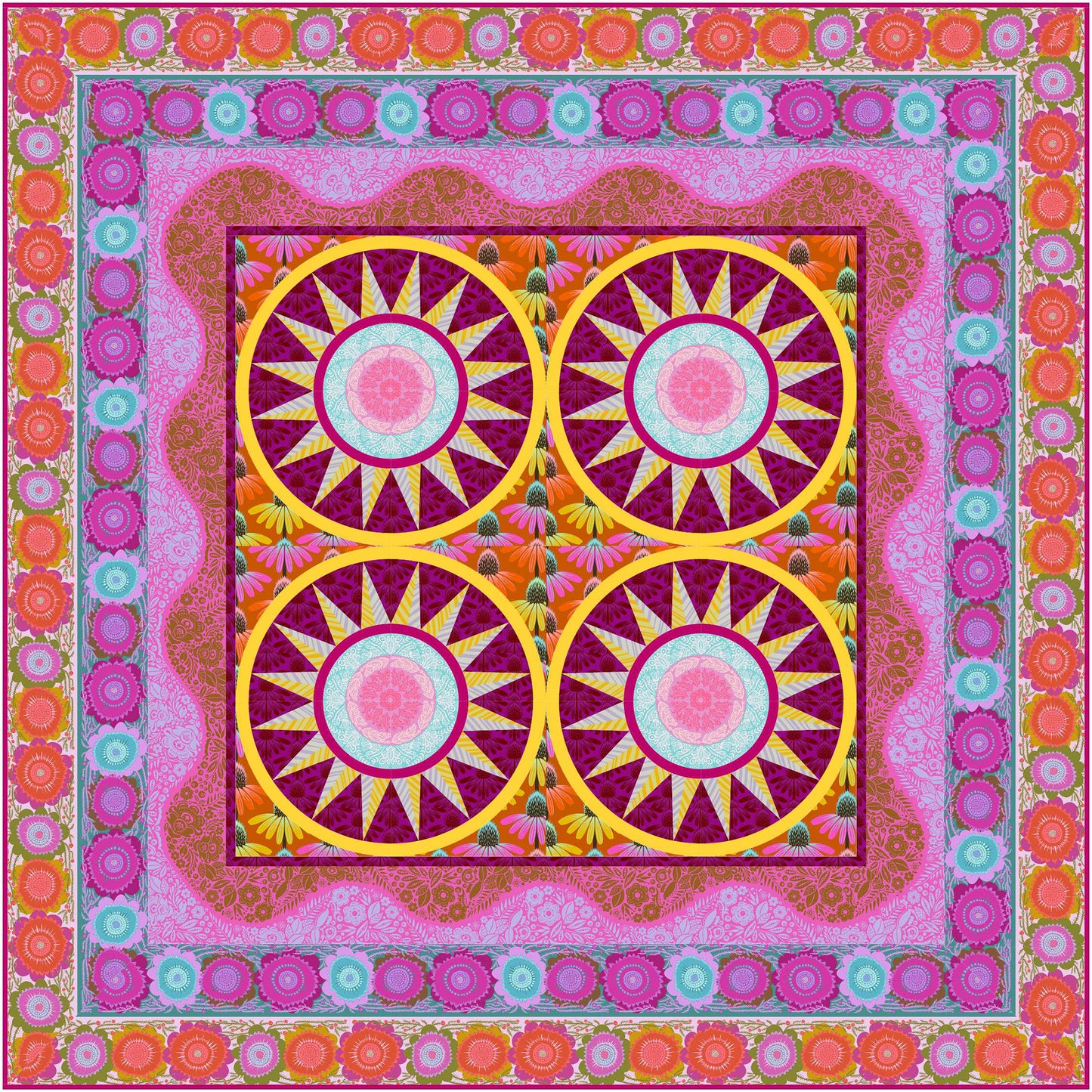 Circular medallion design quilt with bright colored stars or suns.
