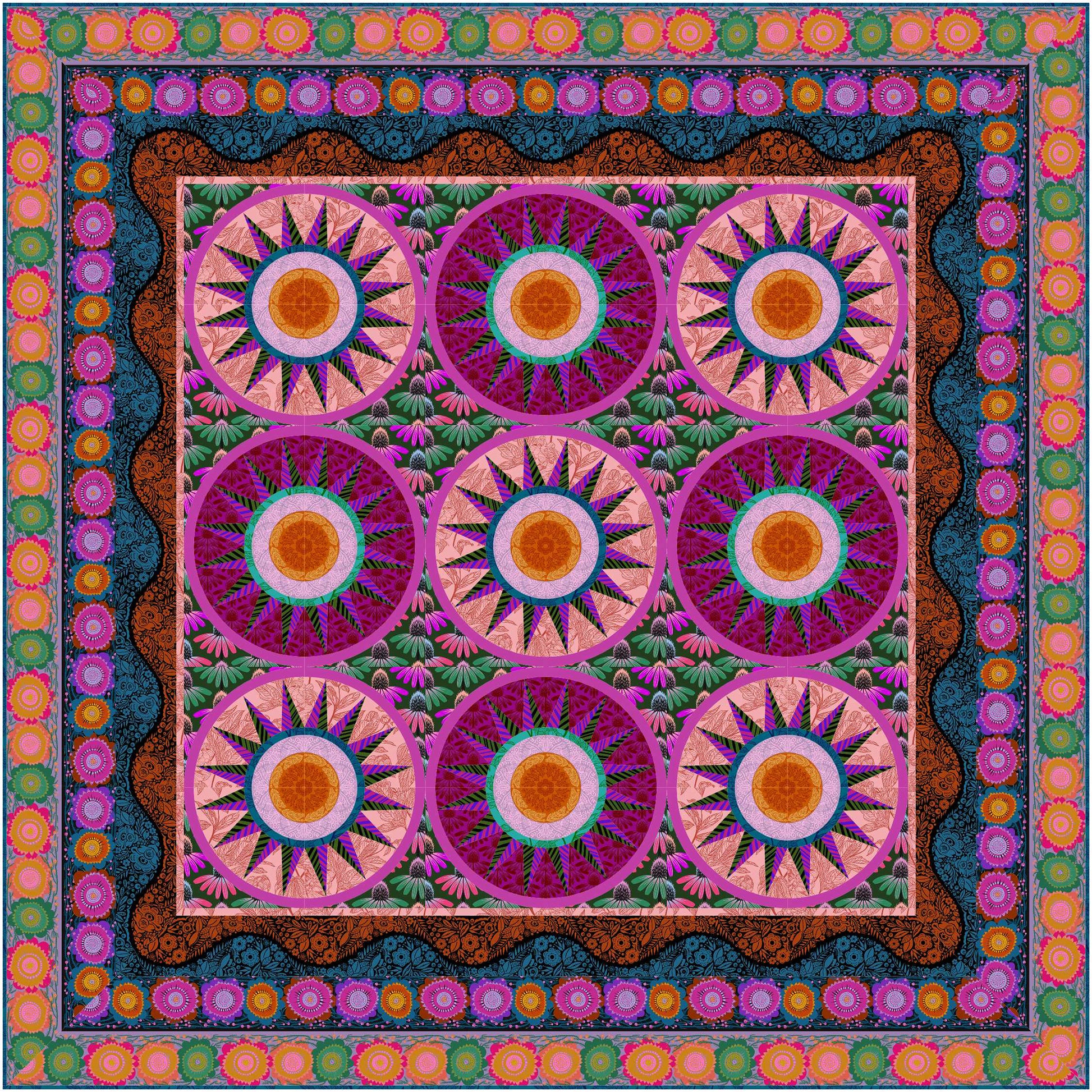 Circular medallion design quilt with bright colored stars or suns.