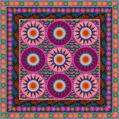 Circular medallion design quilt with bright colored stars or suns.