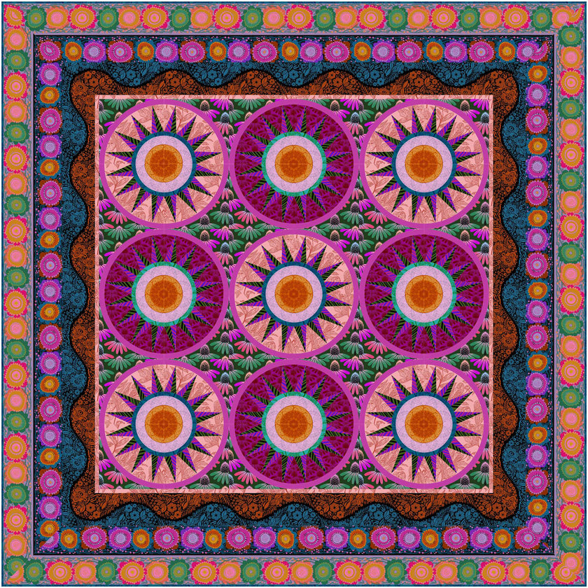 Circular medallion design quilt with bright colored stars or suns.