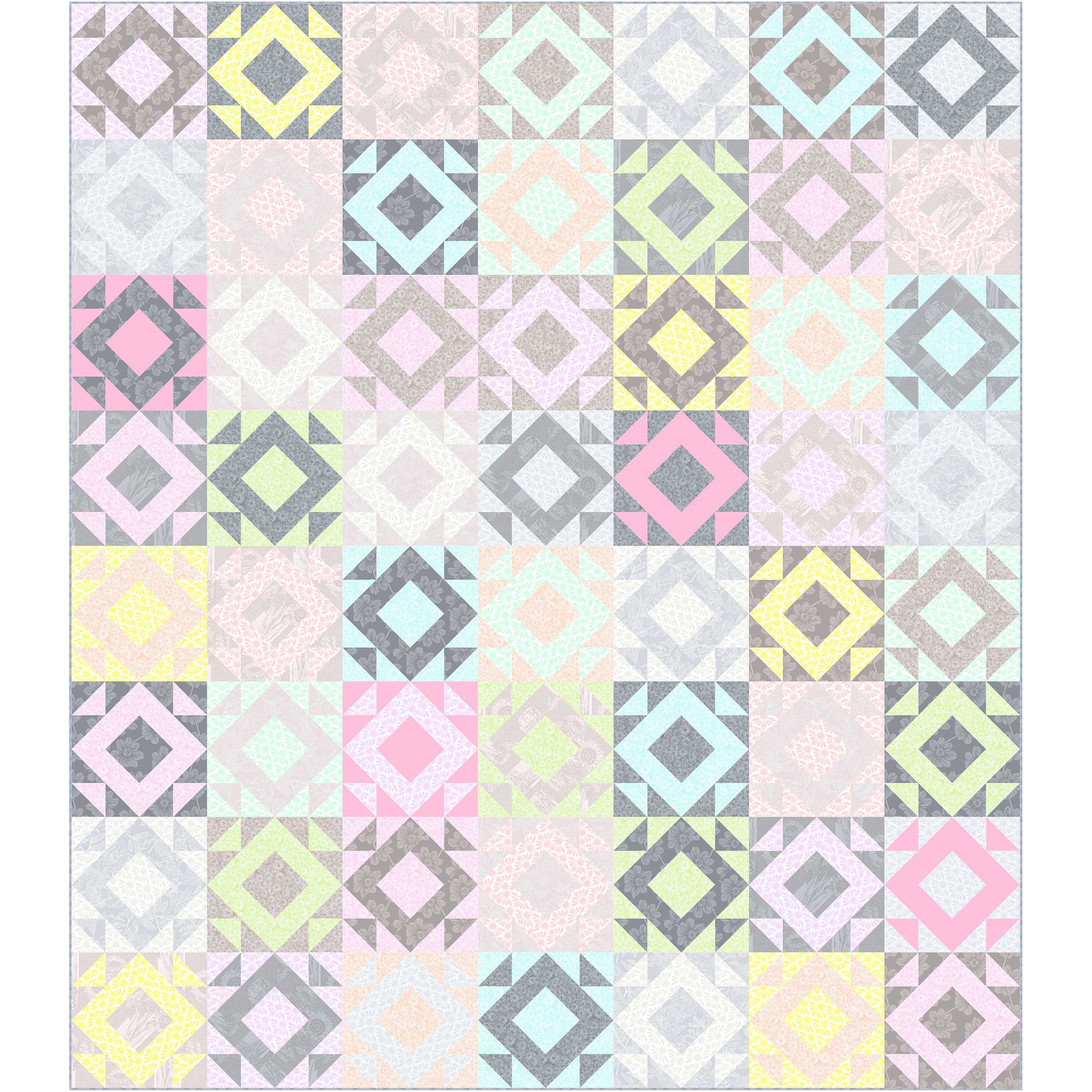 Fun pastel colored quilt with diamonds of color in different colored blocks.