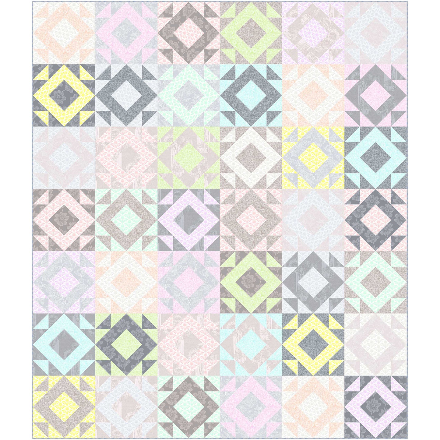 Fun pastel colored quilt with diamonds of color in different colored blocks.