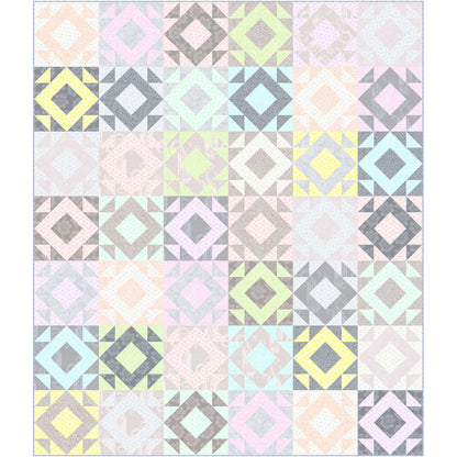 Fun pastel colored quilt with diamonds of color in different colored blocks.