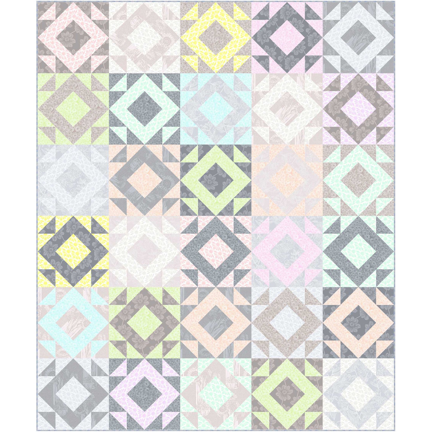 Fun pastel colored quilt with diamonds of color in different colored blocks.
