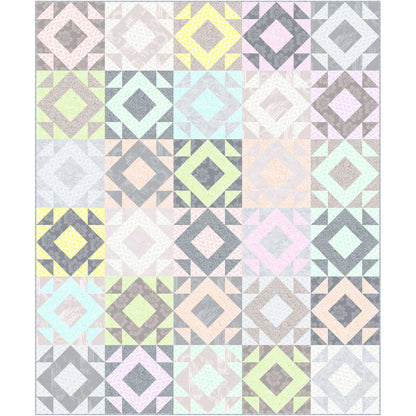 Fun pastel colored quilt with diamonds of color in different colored blocks.