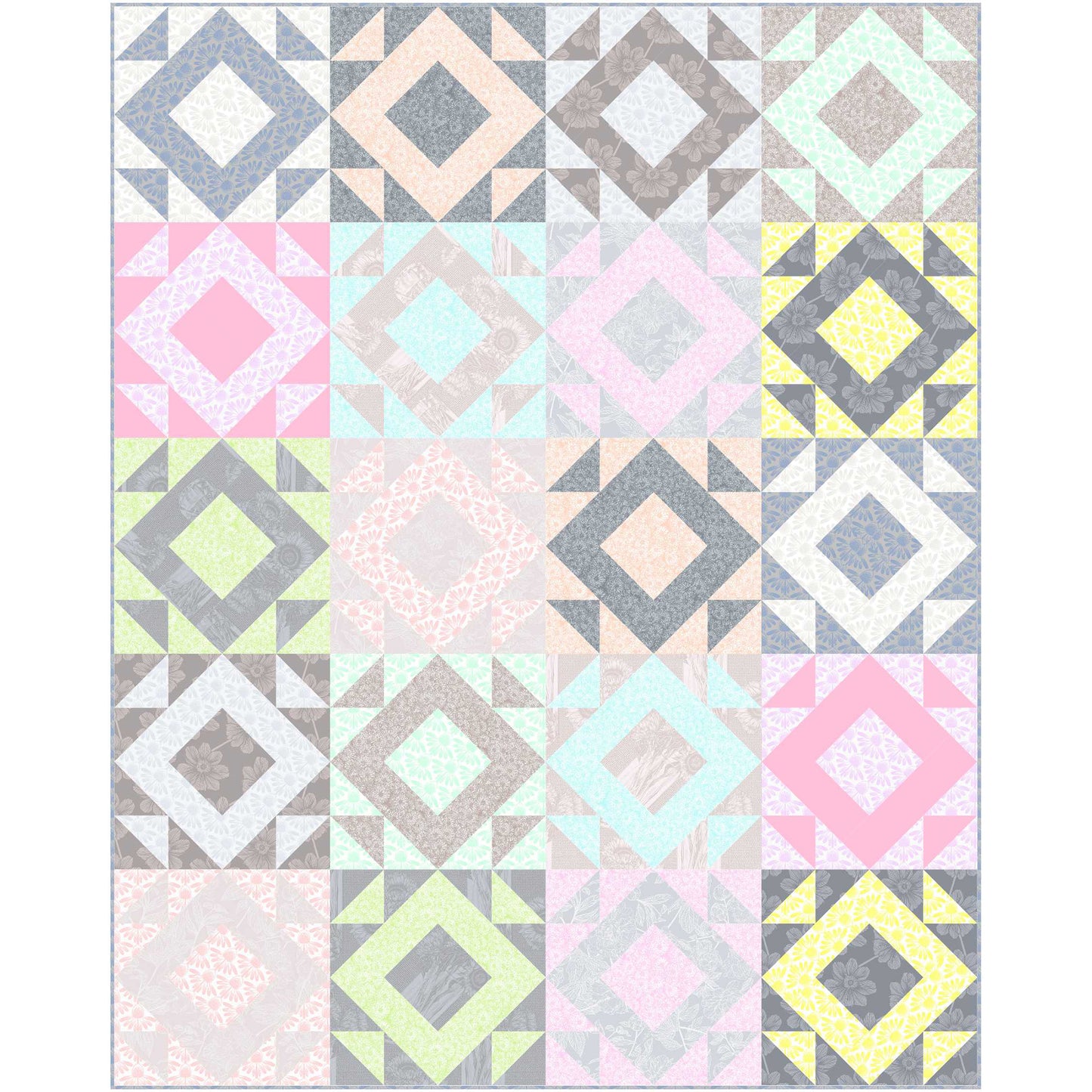 Fun pastel colored quilt with diamonds of color in different colored blocks.