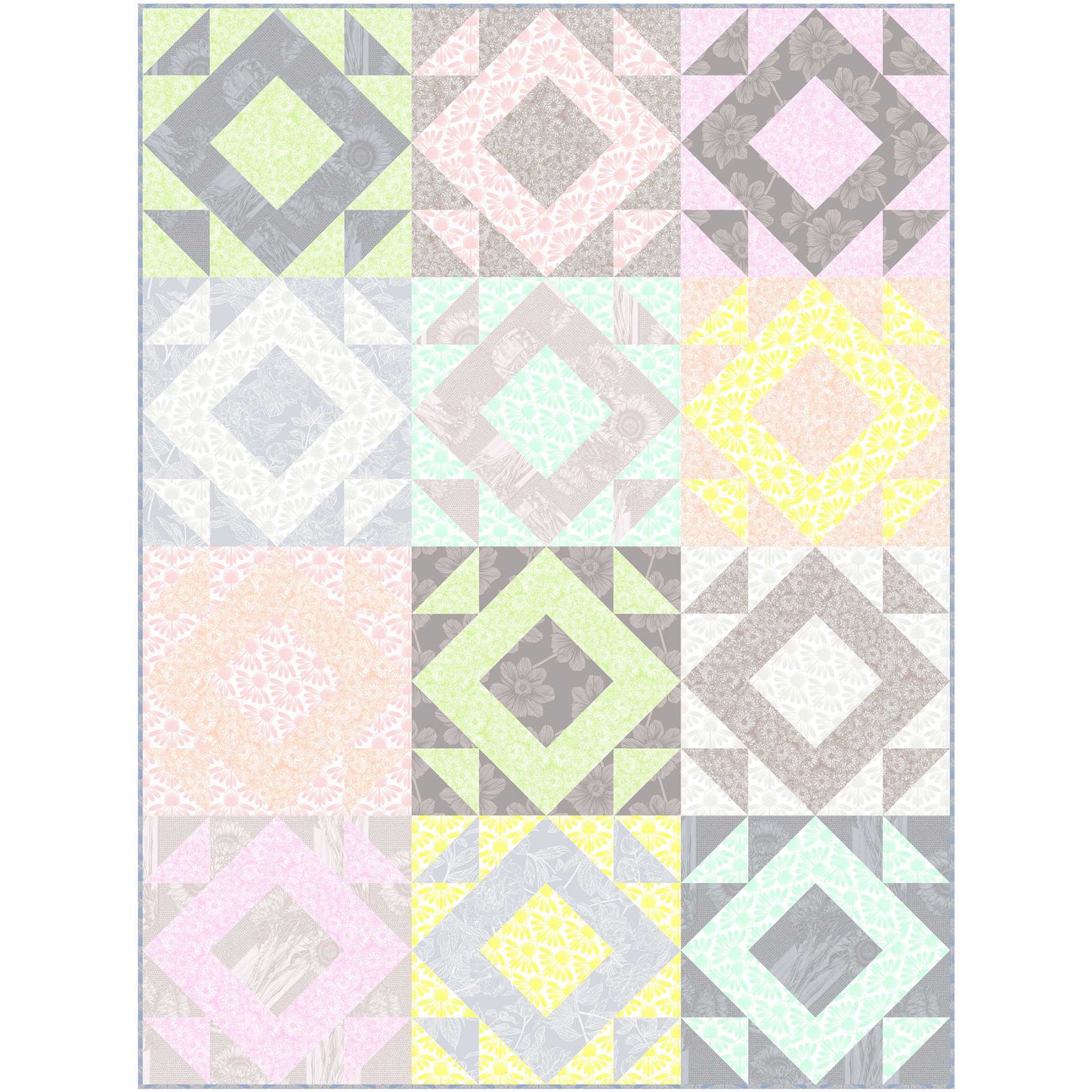 Fun pastel colored quilt with diamonds of color in different colored blocks.