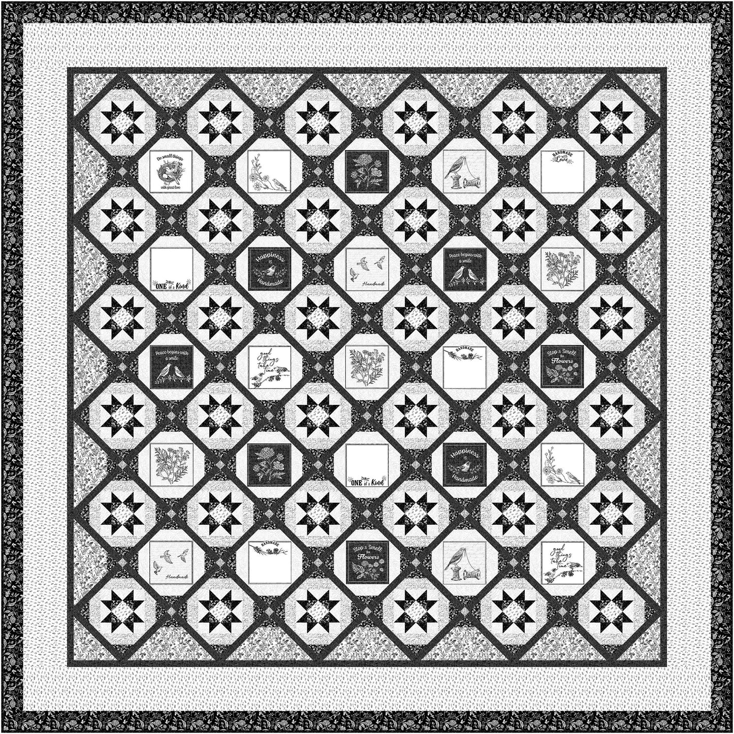 Fun black and white quilt features stars intertwined with black and white designs on some diamonds.