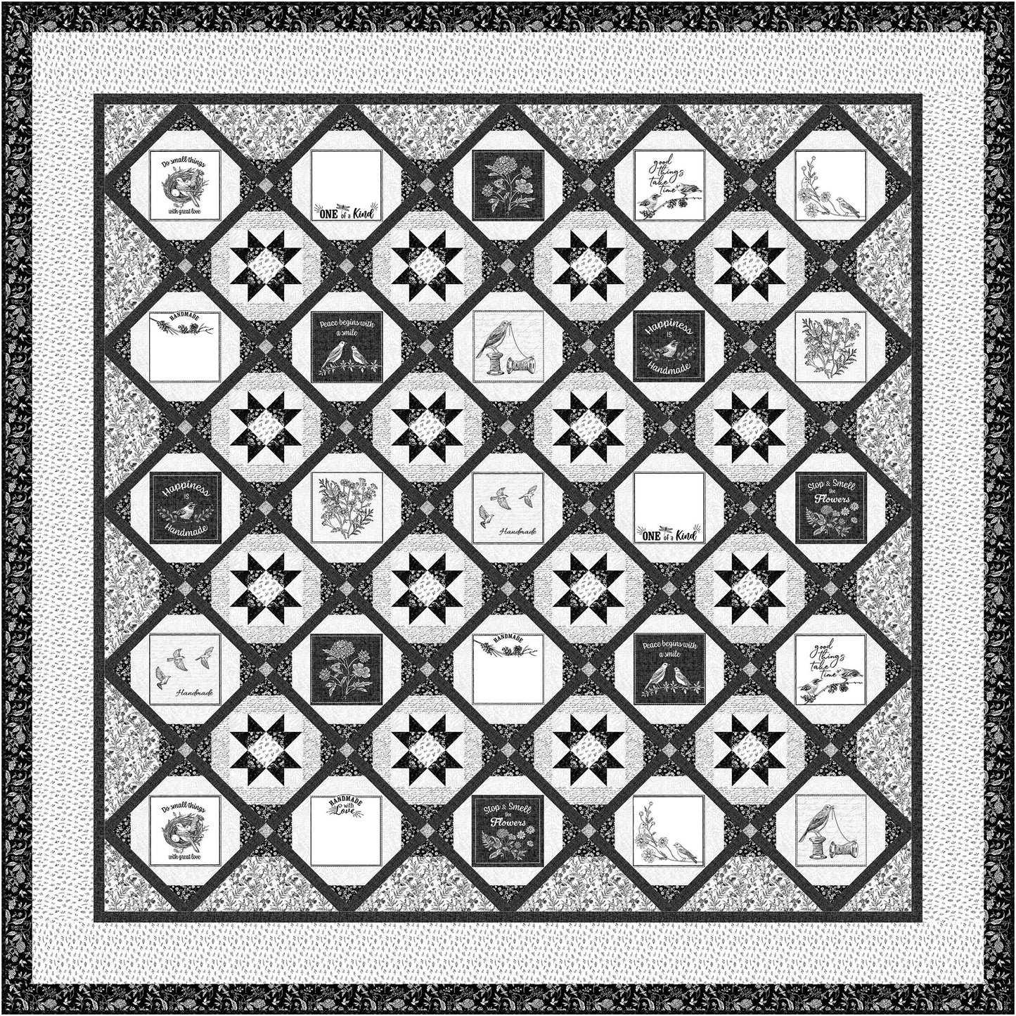 Fun black and white quilt features stars intertwined with black and white designs on some diamonds.