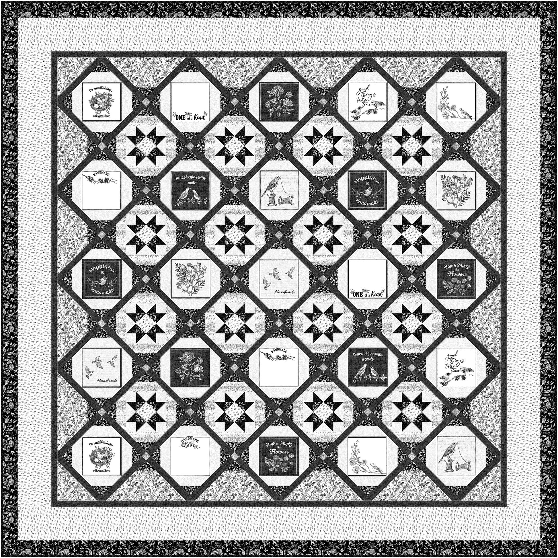 Fun black and white quilt features stars intertwined with black and white designs on some diamonds.