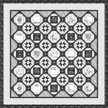 Fun black and white quilt features stars intertwined with black and white designs on some diamonds.