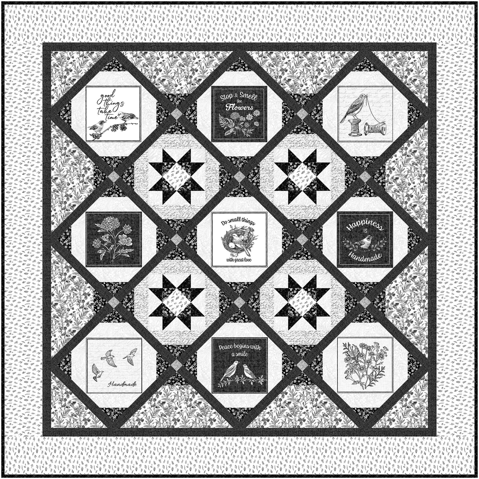 Fun black and white quilt features stars intertwined with black and white designs on some diamonds.